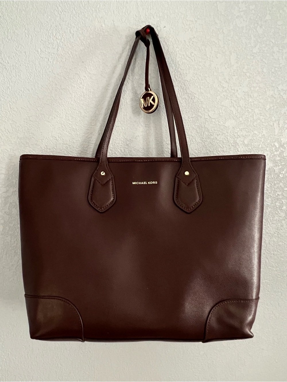 Michael Kors Dark Brown Leather Tote with Gold Logo Charm